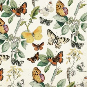 Patrón ilustrado que presenta varias mariposas y orugas coloridas entre hojas verdes sobre un fondo claro.