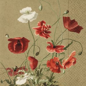 Una ilustración detallada de flores rojas y blancas sobre un fondo texturizado, con amapolas con tallos y hojas verdes.