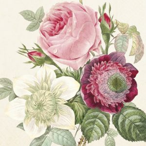Una ilustración botánica detallada de tres flores: una rosa rosada, una flor blanca y una flor granate con follaje verde, sobre un fondo claro.