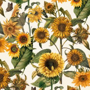 Una ilustración detallada de varios girasoles con hojas verdes, con una mariposa posada en una de las flores.