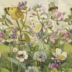 Ilustración de varias mariposas y abejas entre una variedad de coloridas flores silvestres y vegetación.