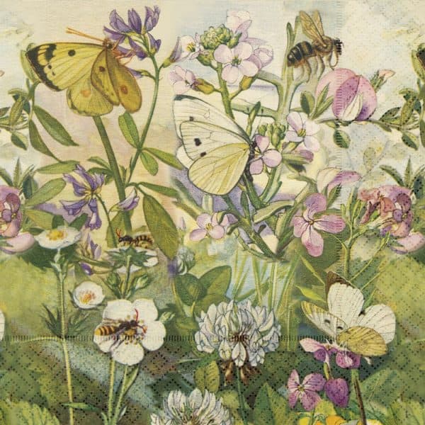 Ilustración de varias mariposas y abejas entre una variedad de coloridas flores silvestres y vegetación.