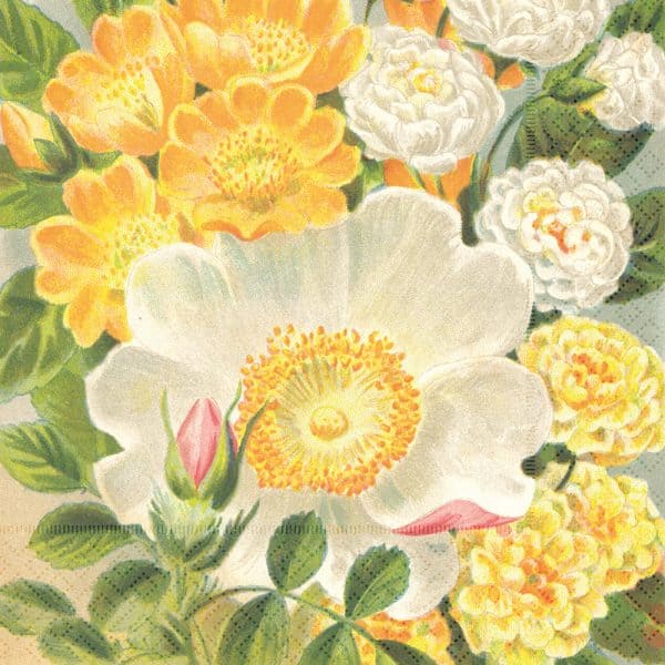 Ilustración de flores variadas, incluidas grandes flores blancas y amarillas, con hojas verdes.