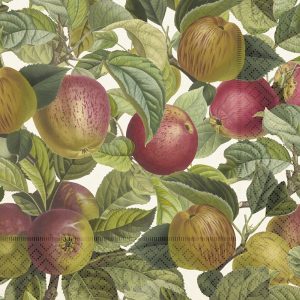 Ilustración de ramas de manzano con hojas verdes y manzanas rojas y verdes maduras sobre un fondo estampado.