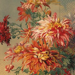 Una ilustración floral vibrante con flores rojas, naranjas y rosas y hojas verdes sobre un fondo texturizado.