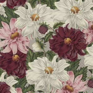 Un patrón de flores blancas, burdeos y rosas con hojas verdes sobre un fondo claro.
