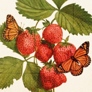 Ilustración de fresas con hojas verdes y dos mariposas naranjas descansando sobre ellas.