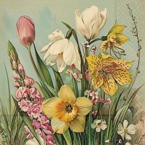 Ilustración de una variedad de flores, incluidos narcisos, lirios, tulipanes y otras flores silvestres sobre un fondo azul claro.
