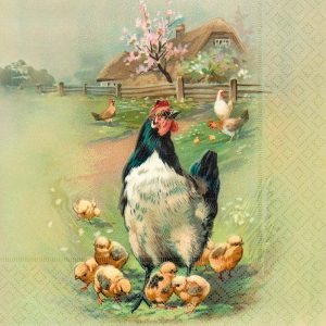 Ilustración de una gallina con diez polluelos caminando en un campo, con otras gallinas, un árbol y una cabaña con techo de paja al fondo.