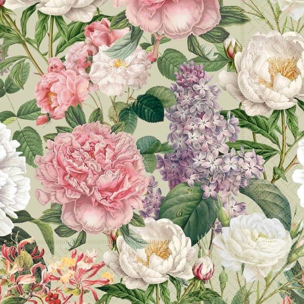 Un patrón vibrante de varias flores en flor, incluidas peonías rosas, lilas púrpuras y rosas blancas, con hojas verdes sobre un fondo verde suave.