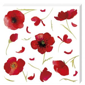 Ilustración de acuarela de amapolas rojas y pétalos dispersos sobre un fondo blanco.