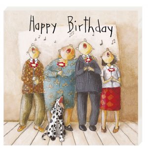 Ilustración de cuatro personas y un perro cantando bajo un cartel de "Feliz cumpleaños". El perro es un dálmata y las personas llevan ropa colorida. Sobre ellos se muestran notas musicales.