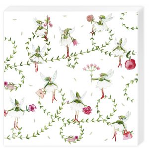 Ilustración de varias hadas con sombreros verdes y vestidos blancos, sosteniendo bolsas, posadas en ramas verdes parecidas a enredaderas con flores y hojas rosas esparcidas alrededor.