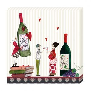 Ilustración de personas con botellas de vino, corazones y libros. Una persona está parada sobre libros, otra pareja choca sus copas de vino. Las botellas tienen etiquetas que dicen "El vino del amor" y "Siéntete bien".