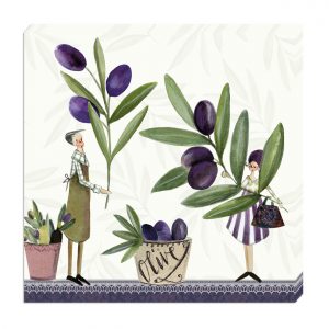 Ilustración de dos personas sosteniendo grandes ramas de olivo, con plantas en macetas y una cesta etiquetada "oliva" en el suelo.