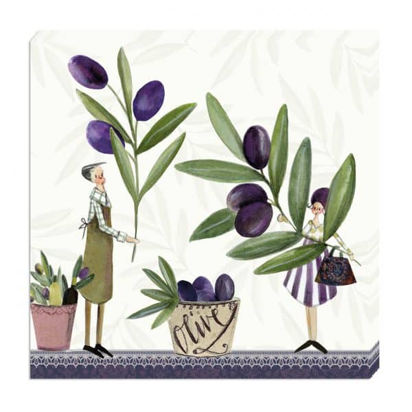 Ilustración de dos personas sosteniendo grandes ramas de olivo, con plantas en macetas y una cesta etiquetada "oliva" en el suelo.