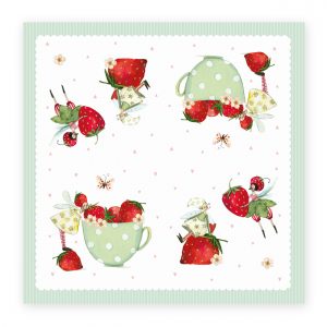 Imagen estampada que presenta tazas de té con lunares verdes, fresas, mariposas y pequeñas hadas sobre un fondo blanco con corazones de color rosa claro.