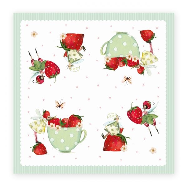 Imagen estampada que presenta tazas de té con lunares verdes, fresas, mariposas y pequeñas hadas sobre un fondo blanco con corazones de color rosa claro.