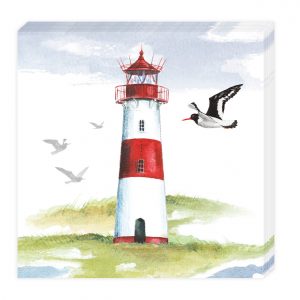 Ilustración de un faro rojo y blanco en una colina cubierta de hierba con cuatro pájaros volando cerca en un cielo parcialmente nublado.