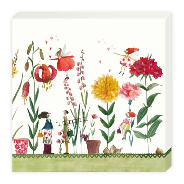 Ilustración caprichosa de pequeños personajes y hadas que interactúan con flores coloridas de gran tamaño en un entorno de jardín.