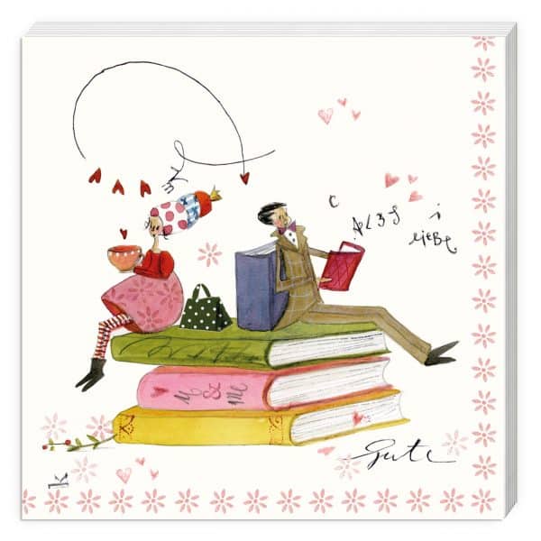 Ilustración de una mujer bebiendo de una taza y un hombre leyendo, ambos sentados sobre una pila de libros grandes. Están rodeados de corazones y garabatos divertidos.