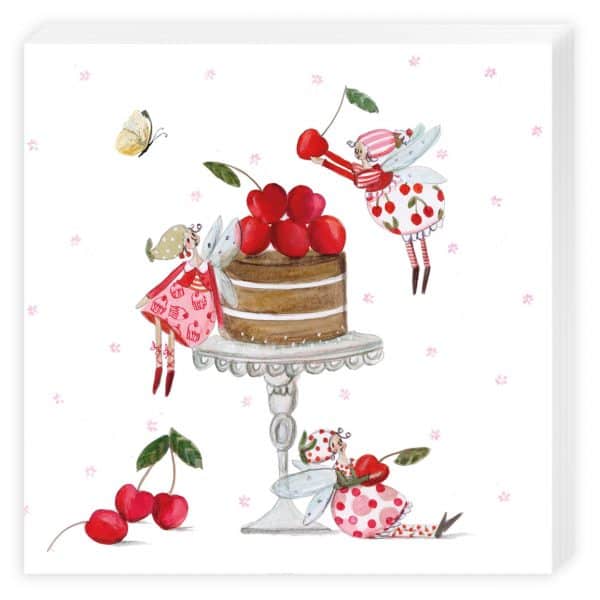 Ilustración de tres hadas decorando un pastel con cerezas. Una hada vuela para colocar una cereza encima mientras otra sostiene cerezas en el suelo. Una mariposa revolotea cerca.