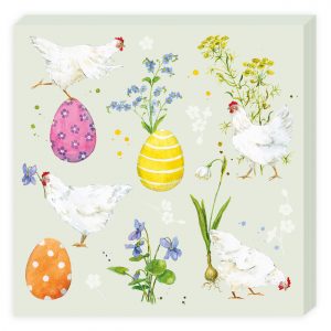 Ilustración de pollos, huevos de Pascua coloridos y varias flores sobre un fondo claro.