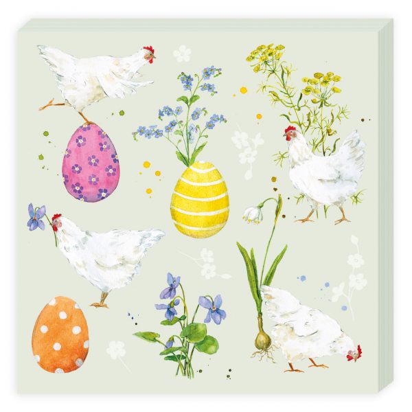 Ilustración de pollos, huevos de Pascua coloridos y varias flores sobre un fondo claro.