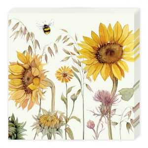 Ilustración de girasoles amarillos y otras plantas con una abeja flotando encima sobre un fondo claro.