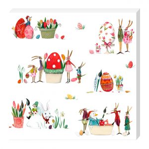 Ilustración de conejos y pájaros con huevos decorados, plantas y flores en un estilo caprichoso.