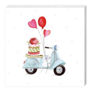 Caricatura de un scooter azul con un perro, globos en forma de corazón y un pastel coronado con una rosa en el asiento trasero.