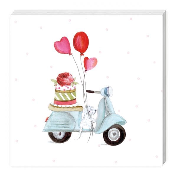 Caricatura de un scooter azul con un perro, globos en forma de corazón y un pastel coronado con una rosa en el asiento trasero.