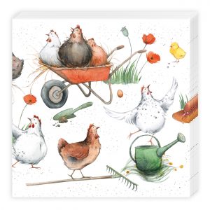 Ilustración de gallinas con herramientas de jardinería, carretilla y flores. Incluye un rastrillo, una regadera y un pollito amarillo.