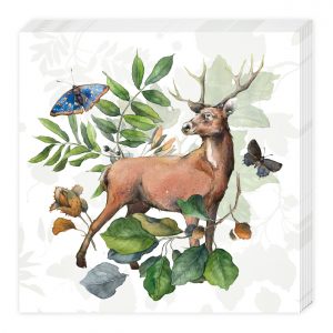 Ilustración de un ciervo rodeado de hojas y mariposas sobre un fondo blanco.