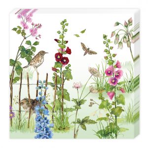 Ilustración de una escena de jardín con flores, un pájaro en una valla, una mariposa y un erizo.