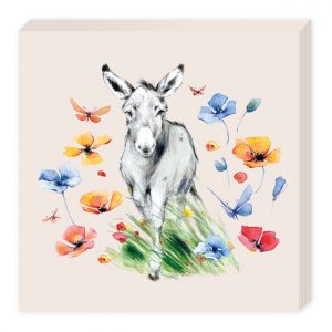 Ilustración de un burro de pie entre flores y mariposas de colores sobre un fondo claro.