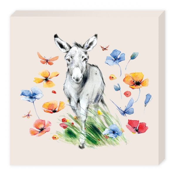 Ilustración de un burro de pie entre flores y mariposas de colores sobre un fondo claro.