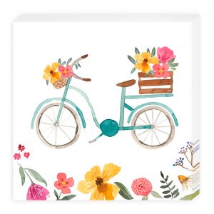 Ilustración de una bicicleta con flores en una cesta delantera y un cajón trasero, rodeada de flores de colores.