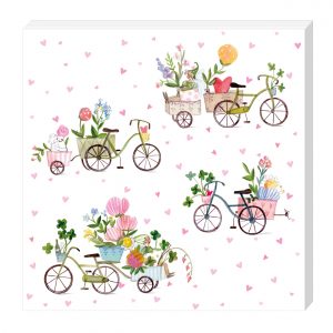 Ilustración de bicicletas con cestas llenas de flores y plantas, sobre un fondo blanco con patrones de corazones rosas.