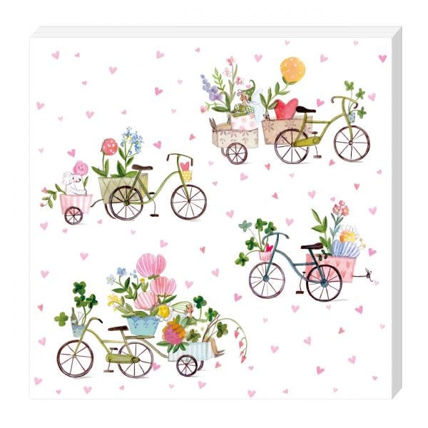 Ilustración de bicicletas con cestas llenas de flores y plantas, sobre un fondo blanco con patrones de corazones rosas.