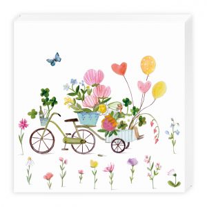 Ilustración de un triciclo con macetas y globos, rodeado de varias flores y una pequeña mariposa azul sobre fondo blanco.