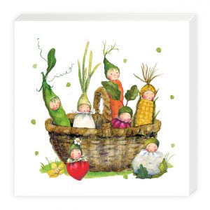 Ilustración de una canasta que contiene personajes con temática vegetal, incluidos guisantes, zanahoria, maíz, fresa y repollo, con caras lindas y vegetación.