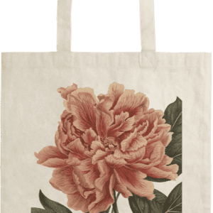 Un bolso de mano beige con asas largas que presenta una ilustración detallada de una peonía rosa y hojas verdes.