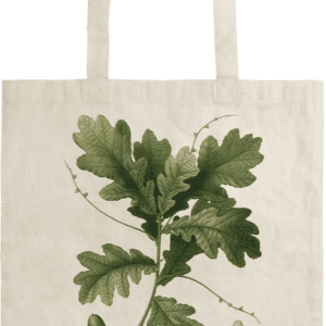 Bolsa de mano con ilustración botánica de hojas de roble y bellotas, etiquetada "Quercus racemosa" y "Chêne à grappes".