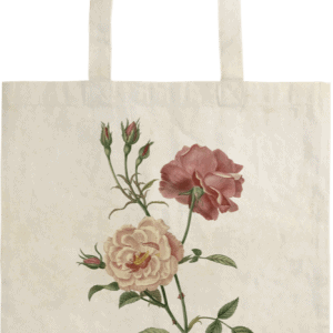 Bolsa de mano con ilustración botánica de dos rosas, una blanca y otra rosa, titulada “Rosa semperflorens” y “Rosen toujours fleur” con hojas y capullos verdes.
