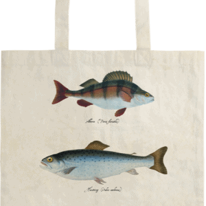 Bolsa de mano con ilustraciones de tres peces: perca, arenque y lucio, cada uno etiquetado con su nombre científico.