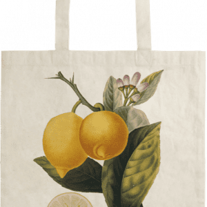 Bolsa de lona que presenta una ilustración de limones en la rama con hojas y flores, junto con una sección transversal de un limón en la parte inferior.