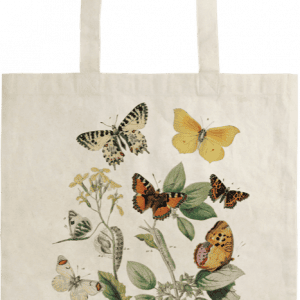 Una bolsa de lona con una ilustración de varias mariposas y una planta.