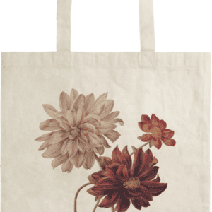 Un bolso de mano beige con ilustraciones de tres dalias en diferentes tonos de rosa y rojo.