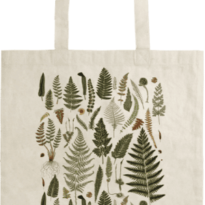 Una bolsa de mano con un diseño que presenta varios helechos y hojas ilustrados dispuestos verticalmente en un patrón de cuadrícula.